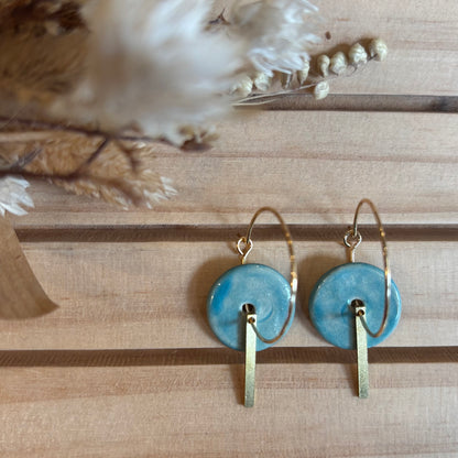 Boucles d'oreilles en céramique disque bleue turquoise